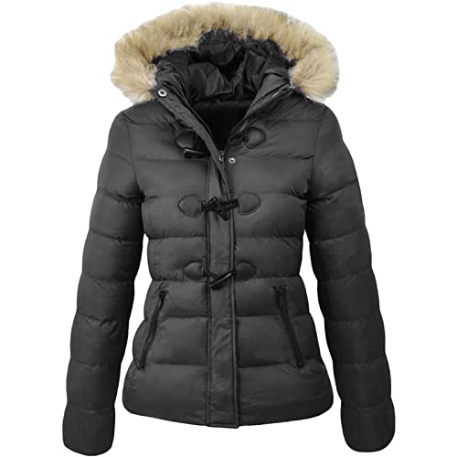 Veste Courte d'hiver pour Femmes Doudoune à Manches Longues et Boutons en Corne Parka Chaude en Coton avec Capuche en Fourrure (Le Noir,M)