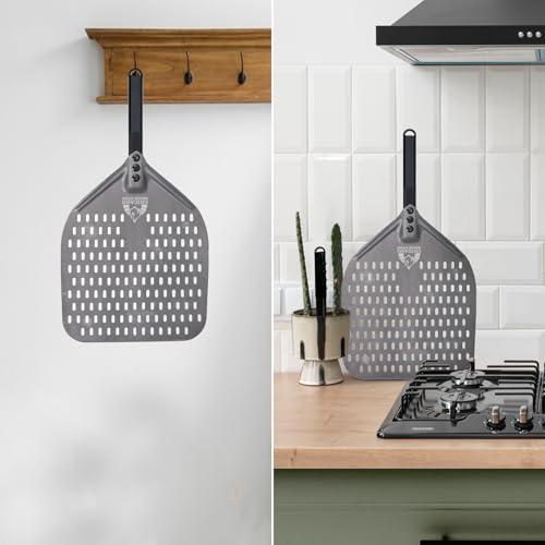 Image of Chicago Brick Oven Perforated Pizza Peel - 12 inchx15 inch Anodized Aluminum Pizza Steel, 11 inch Handle, 26 inch Overall Length - Ideal Pizza Turning Peel for Pizza Oven, Brick Oven, Baking Bread