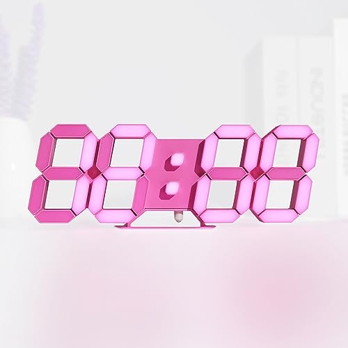 KOSUMOSU Pink LED Clock 3D Wall Clock 9.7" Table Clock for Living Room Modern Digital Clock for Bedroom Aesthetic Bedside Desk Clock with Remote/Dimmi