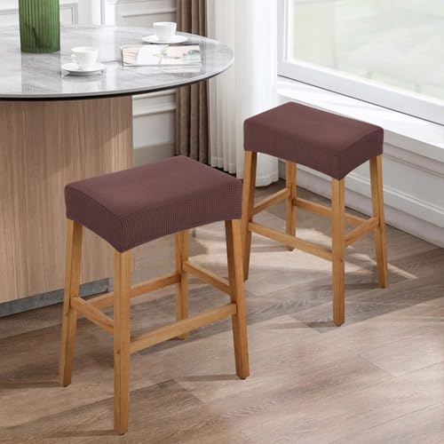 Image of YISUN Stool Covers Rectangle - 2 Pack Stretch Waterproof Saddle Seat Cover Counter Bar Stools Bar Chairs Covers Kitchen Island Chairs Cushion Protector (2, Coffee)