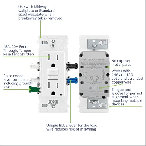 Image of Lever Edge 15 Amp Self-Test, Tamper Resistant GFCI Outlet, EGFT1-W, White