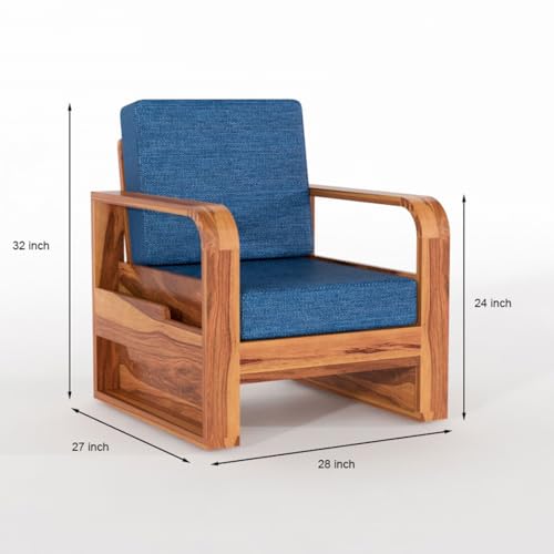 Image of Solid Sheesham Wooden 1 Seater Sofa for Living Room | Sofa with Side Pocket Storage & Cushion | Rosewood Sofa Set for Home (Honey with Blue Cushion, 1 Seater)