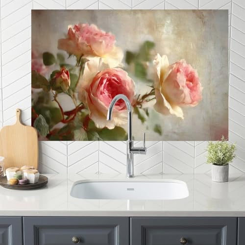 Image of Vintage Pink Rose Kitchen Backsplash Peel and Stick, 35.4x23.6 in