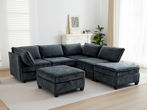 Image of ORRD Corner Modular Sectional Sofa Set, Convertible L Shaped Couch with Storage, 6 Seater Sofa Modular with Ottomans and Reversible Chaise for Living Room, Office (Blue Grey)