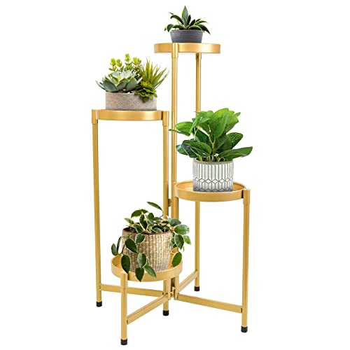 Hoegmst 4 Tier Plant Stand Indoor Outdoor, 31 Inch Tall Metal Plant Shelf Waterproof, Plant Holder With Folding Design For Home, Living Room, Gold #TOP6