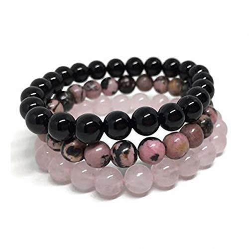 Giwotu Womens 8mm Black Onyx Rhodonite Rose Quartzs Beaded Wrist Men Women Natural Stone Bracelet Sets Stackable Mala Bracelets 18cm
