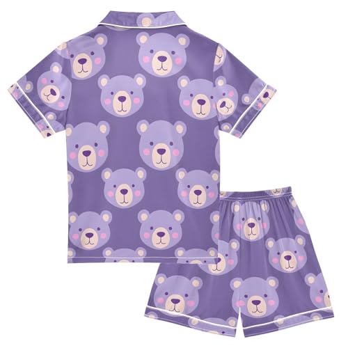 ALAZA Cartoon Bear Pajamas Satin Pajama Set Short Sleeve Button Down Sleepwear2