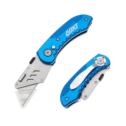 60XT Utility Knife Folding Safety Lock & Quick Change with 10 Extra SK5 Replacement Blade Lightweight Aluminum Handle & Pocket Clip Multi-Use Box Cutter Office Home Art Diy Great Gift Choice (Blue)