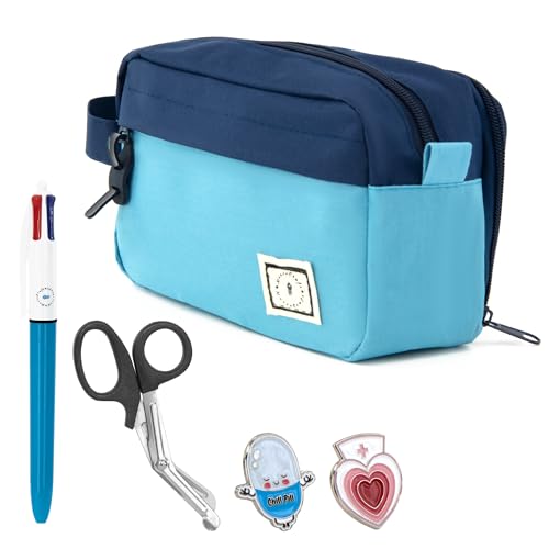 Image of Nurse Essentials Pencil Case Bundle - Includes Canvas Pencil Case, Medical Scissors, Multicolor Pen & Enamel Pins (Blue)