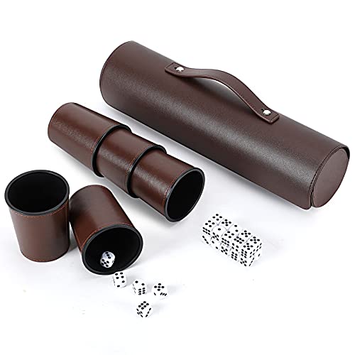 Party Games Leather Dice Cup Set, 5 Black Dices Cups + 25 Dice + Exclusive Storage and Transport Case Made of Faux