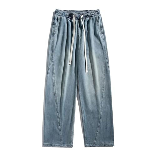 Summer Men's Lightweight Jeans Korean Cotton Drawstring Wide-Leg Baggy Denim Pants Straight Trousers