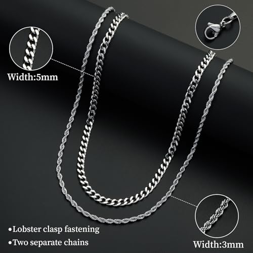 Stainless Steel Layered Chain Necklaces for Men Boys, 2Pcs Cuban Link/Rope/Herringbone Chains Jewelry Gifts, 16 "/18 ", 18 "/20 ", 20 "/22 ", 22 "/24 "4