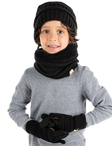 Image of Funky Junque Kids Matching Winter Solid Ribbed Beanie Cap, Fleece Lined Neck Warmer, Stretchy Toddler Gloves Bundle