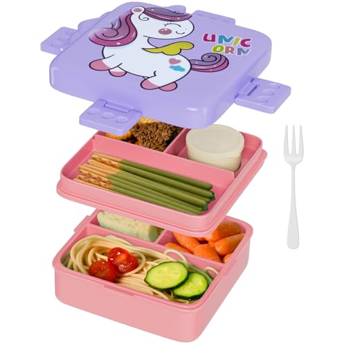 Freshmage Bento Box, Double-Layer Lunch Box Container with 3 Compartments, Large Capacity, Leakproof and BPA Free Bento Lunch Box, Durable, Drop-Proof, Dishwasher and Microwave Safe, Pink