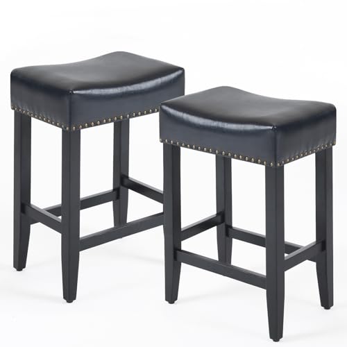 Furnimart ZFFL-0598 26 Inch Bar Stools Set Of 2 Leather Saddle Stool Counter Height Bar Stools With Rivet Trim Cushion Seat Wood Counter Stools cover