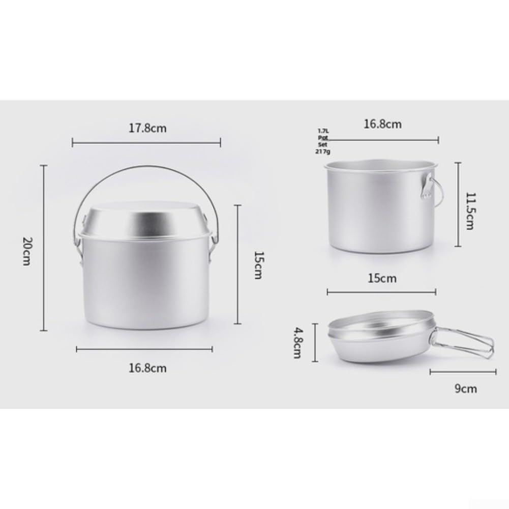 Set di pentole da campeggio in alluminio leggero, 3 pezzi, portatile, con manici pieghevoli, per escursioni