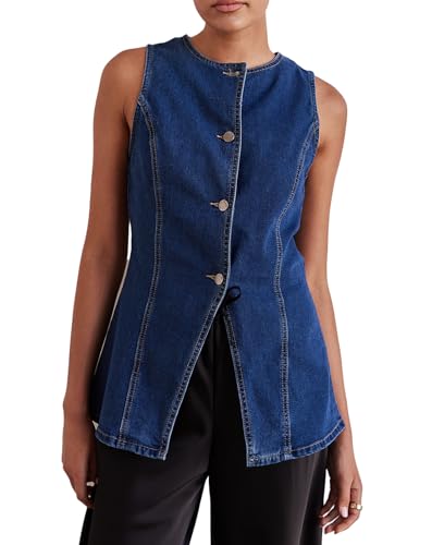 Women’s Long Denim Vest Waistcoat Vest Sleeveless Button-Up Back Slit Jean Jacket Vest Y2k Clothes