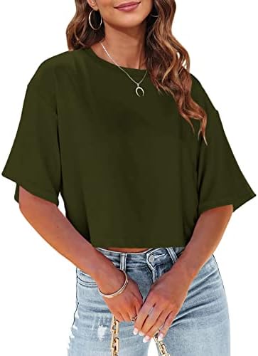 Tankaneo Women Half Sleeve Cropped T Shirt Drop Shoulder Round Neck Crop Tops Casual Summer Solid Color Basic Tees