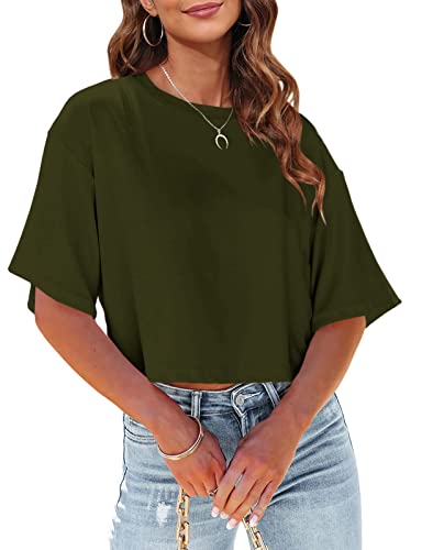 Tankaneo Women Half Sleeve Cropped T Shirt Drop Shoulder Round Neck Crop Tops Casual Summer Solid Color Basic Tees #TOP3