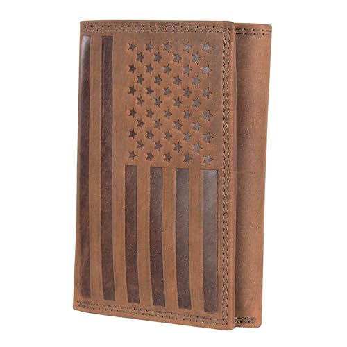 Image of ASAD Leather Slim Everyday Trifold Wallet with ID Window and Multiple Card Slots | Genuine Leather Double Stitched RFID Blocking Stylish | Gift for Him | Brown Crazy Horse American Flag Design