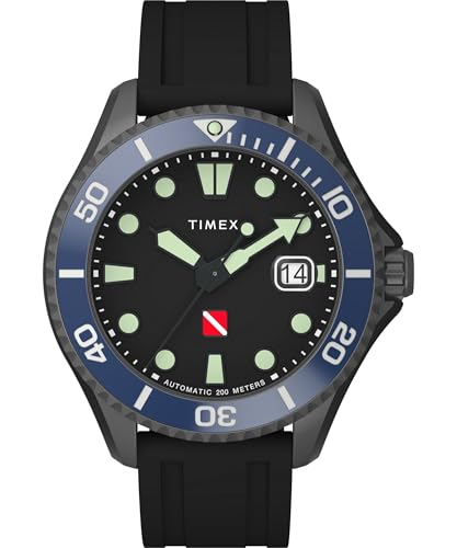Timex Deep Water Automatic   Reloj de 44 mm para hombre, goma sintética negra, correa de liberación rápida de dos piezas, esfera negra, caja color bronce TW2W21100