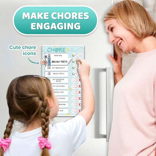 Image of Dry Erase 4 in 1 Chore Chart for Multiple Kids - Magnetic Routine Chart with Slider Cute Chore Stickers, Visual Schedule for Kid with Autism to Do List Checklist for Kids