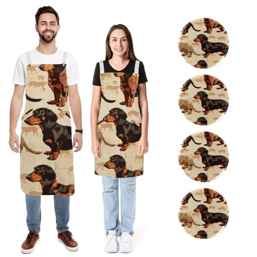 Tablier teckel marron lot de 2 anti-taches pour protéger vos vêtements en cuisine