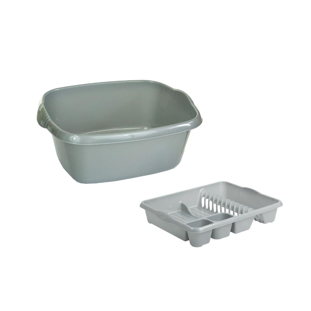 Aurora - Plastic Rectangular Washing Up Bowl & Large Dish Drainer Rack Plate Holder Kitchen Sink Set of 2 (Silver)