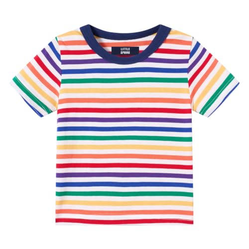 Image of LittleSpring Boys Girls T Shirt Rainbow Striped Cotton Crewneck Tees for Kids Fashion