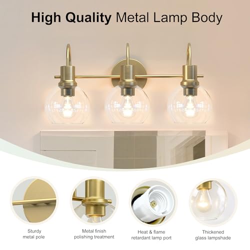 Image of Bathroom Light Fixtures,Gold Vanity Light 3 Light Wall Sconces, Brushed Brass Lighting with Clear Glass Shades, Wall Mounted Mirror Lights for Kitchen, Bedroom, Hallway
