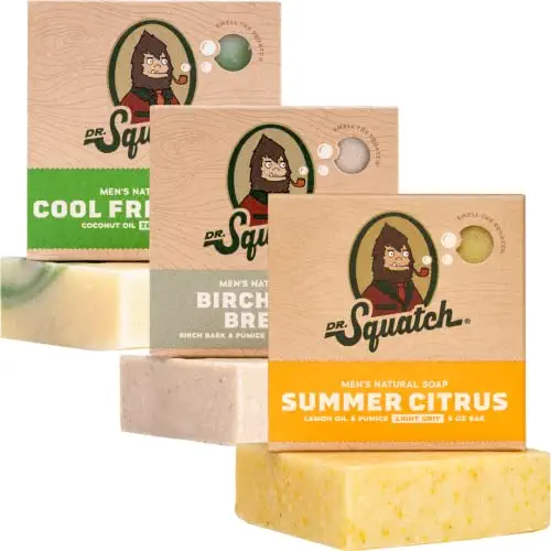 Dr. Squatch Men&#39;s Natural Bar Soap from Moisturizing Soap Made from Natural Oils - Cold Process with No Harsh Chemicals - Exfoliating Soap - Summer Citrus, Birchwood Breeze, Cool Fresh Aloe (3 Pack)
