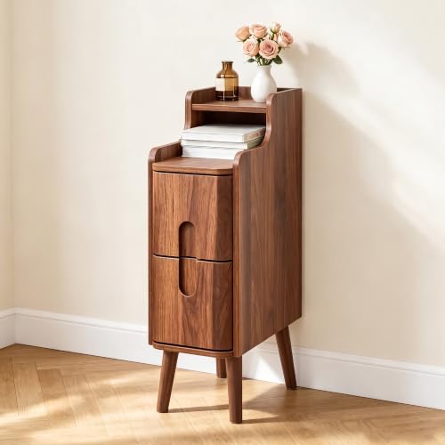Image of FurSch Narrow Nightstand, Wooden 2 Drawer, Walnut, 1 pc