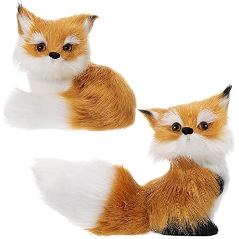 Simulation Brown Fox Toy 2 Piece Fur Fox Model Stuffed Fox Ornament Static Action Figures Fox Standing Sitting Plush Mini Fox for Home Office Desktop Bag Decoration 3.94 x 3.54 Inch, 3.15 x 2.75 Inch Cover