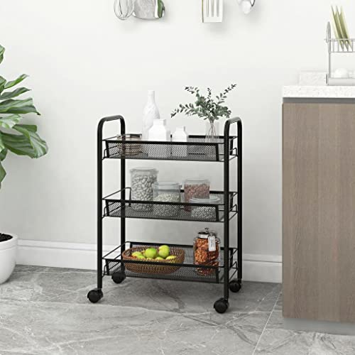 aphrophina 3-Tier Kitchen Trolley with Removable Mesh Baskets and Wheels, Iron Construction for Kitchen or Office, Black