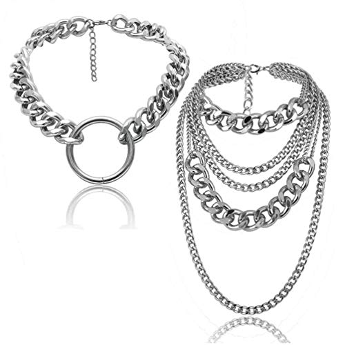 CIBIRICH Chunky Necklaces for women Multilayer Punk Chain Silver Statement Collar Necklace