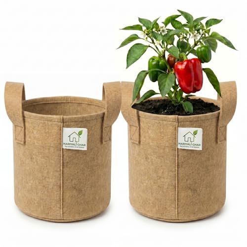 Image of 400 GSM Geo Fabric Round Grow Bags 10x10 Inch with Handle, Camel Color Planting Bags for Terrace and Kitchen Gardening Pack of 2