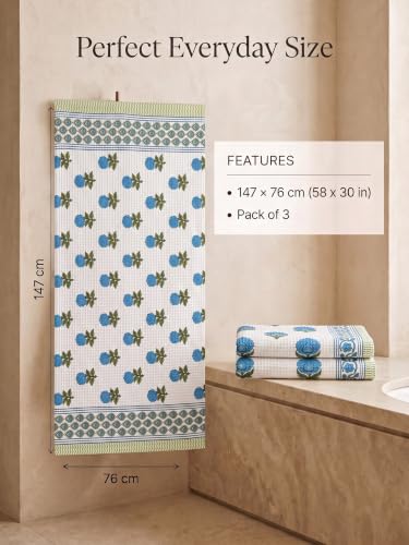 Image of Mafatlal Madhuban 250 GSM Large Waffle Cotton Bath Towels Pack of 3 | 147 x 76 cm | Lightweight | Quick Dry Shower Towels | Royal Blue