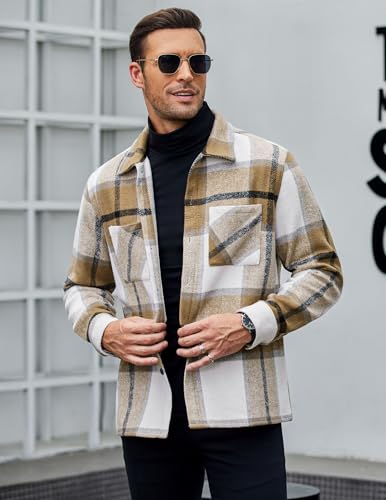 COOFANDY Men's Flannel Shirt Long Sleeve Checked Shirt Plaid Jacket with Pockets Light Khaki M - Image 2