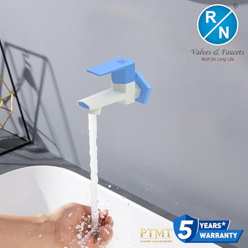 Image of RN PTMT Bib Cock for Bathroom | 15mm Foam Flow Water Tap with Flange | Luxury G20 Series Faucet | High-Grade Engineering Polymer Tap (White Blue Dual, Pack of 1)