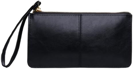 LSW Genuine Leather High Capacity Wallet, Clutch and iPhone or Android Case with Strap (3 Compartments with Zipper) (Midnight Black)