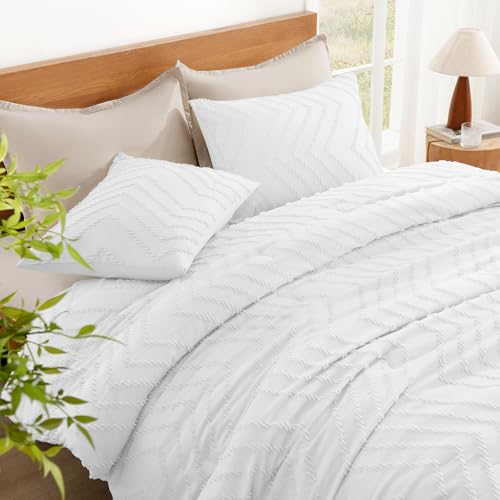 Image of Litanika Boho Queen Comforter Set, 3 Pcs White Lightweight Bedding Set