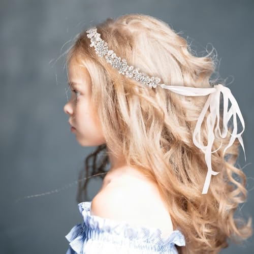 1 Pack Flower Girl Hair Accessory, Flower Headband, Weddings Hair Accessories, Tiara for Little Girl - Pearl & Silver Flower Crown Headband for Weddings, Birthdays 7