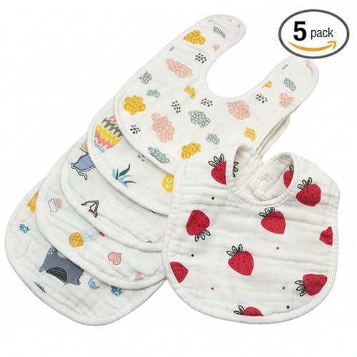 Image of BabyGo Muslin Baby Washcloths & Bibs Set | 100% Cotton, 8 Layer Cartoon Print, Soft, Gentle, Reusable & Absorbent Feeding Bibs & Towels for Newborns & Toddlers | Pack of 5 (Multicolor)