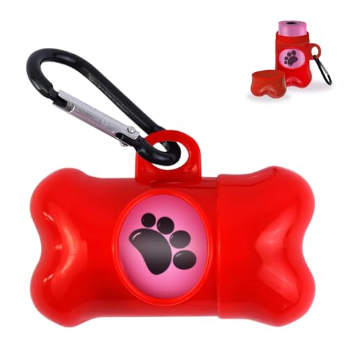 Image of Dog Poop Bags Dispenser with Carabiner Clip, Doggy Poop Bag Holders for Leashes Include 1 Roll (15 Bags) Leak-Proof Large Lavender Scented Doggie Pet Waste Bags, Dog Accessories, Red