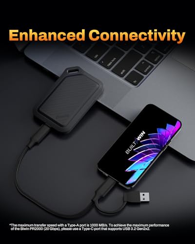 BIWIN PR2000 External SSD 512GB, Up to 2000 MB/s, IP67 Dust & Waterproof Portable SSD, Up to 3m Drop Protection, Support 4K 60FPS ProRes Record, USB-C USB3.2 Gen2x2, Black - Image 4