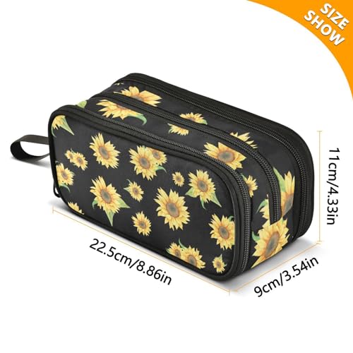 Image of ZAZYXTJ Sunflowers Large Capacity Pencil Case 3 Compartment Pen Pouch Storage Canvas Makeup Bag for School Office Teen Girl Boy Men Women