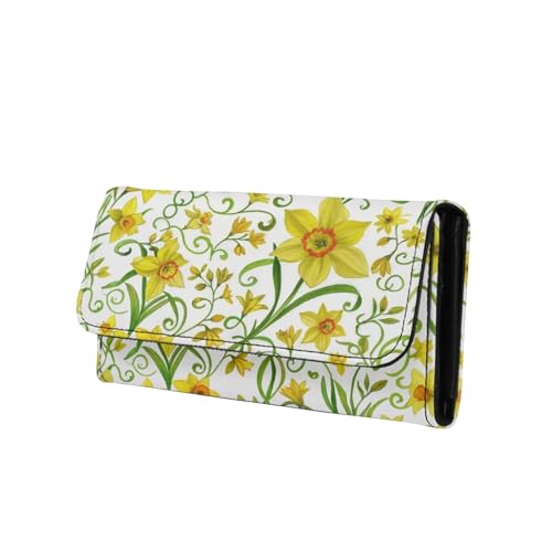 March Gold Daffodil Slim Wallet for Women Birth Flower Painting Trifold Long Credit Card Holder, Botanical Floral Leather Checkbook Wallet for Ladies