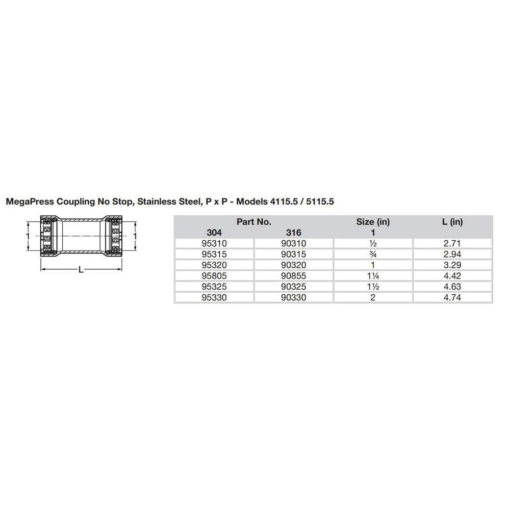 Viega MegaPress 1" Steel 304 Couling w/o Stop – Conexión doble – Smart Connect Technology