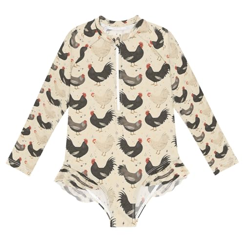 Black White Rooster Z Girls Long Sleeve Swimsuits One Piece Zipper Bathing Suit UPF 50+ Rashguard Swimwear