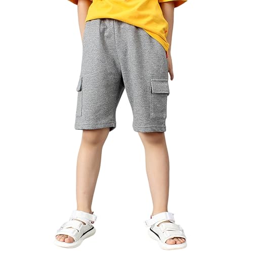 Boys Cotton Cargo Sweat Shorts Knee Length Elastic Waist Drawstring Jogger Shorts Summer Casual Sports SweatShorts with Multi Pockets Gray 11-12 Years